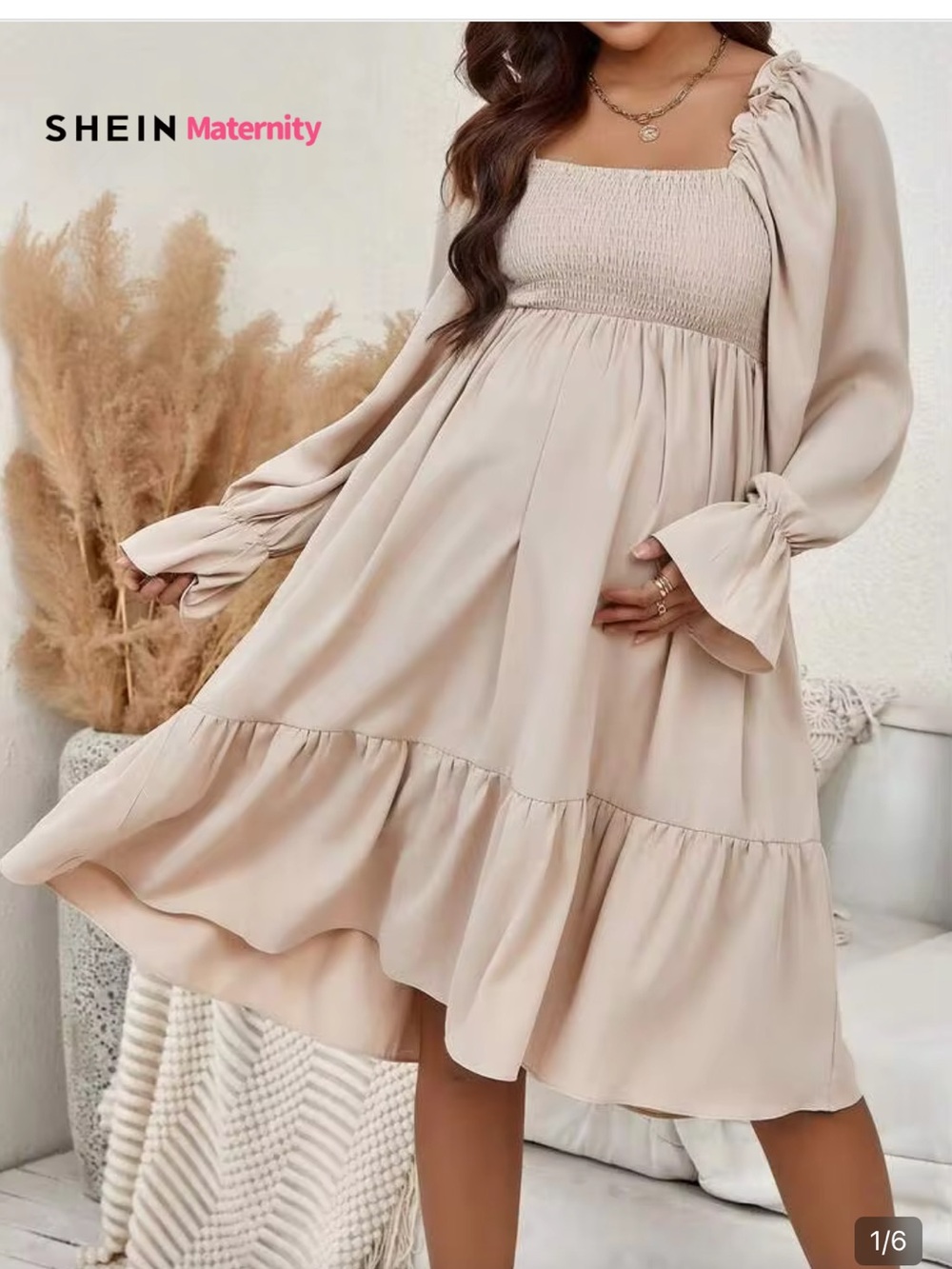 SHEIN Maternity Square Neck Flare Sleeve Ruffle Hem Dress